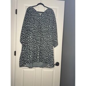 Loft Plus Size Long Sleeve V Neck Swing Dress 2xl Blue Leopard Print Nwt